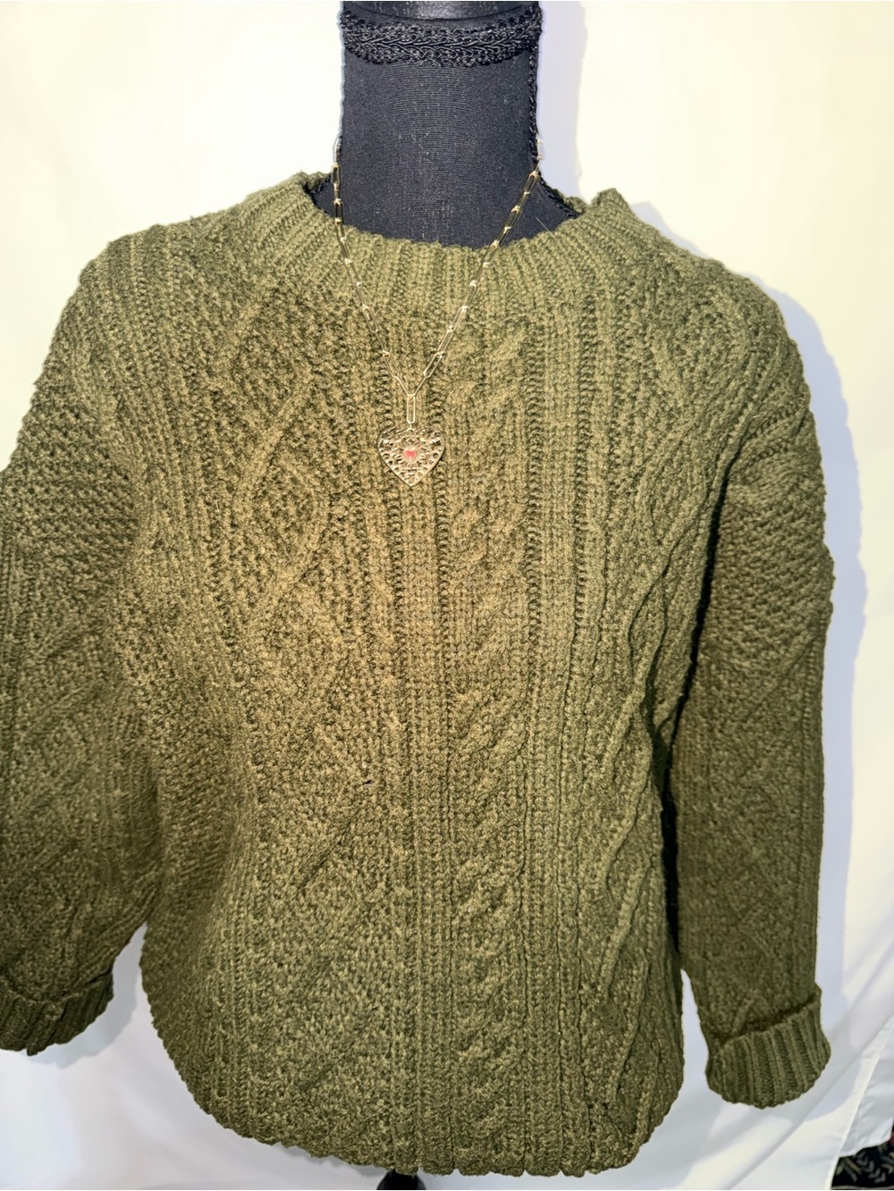 Unisex Aelfric Eden Olive Green Cable Knit Crewneck Sweater